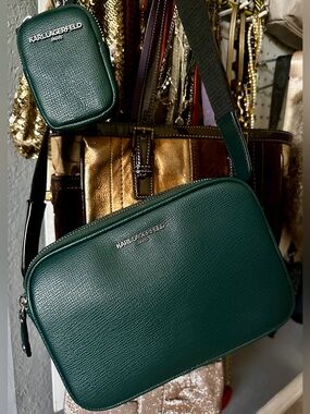 KARL LAGERFELD Teal Textured Camera Crossbody Bag with Silver Hardware